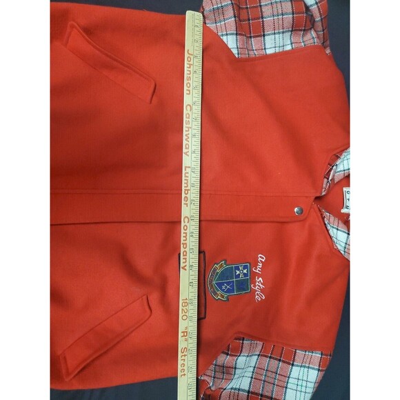 Gym Fashion Varsity Jacket Coat Red Plaid Sleeves Zip Up Unisex 1980s Vintage - Picture 3 of 8